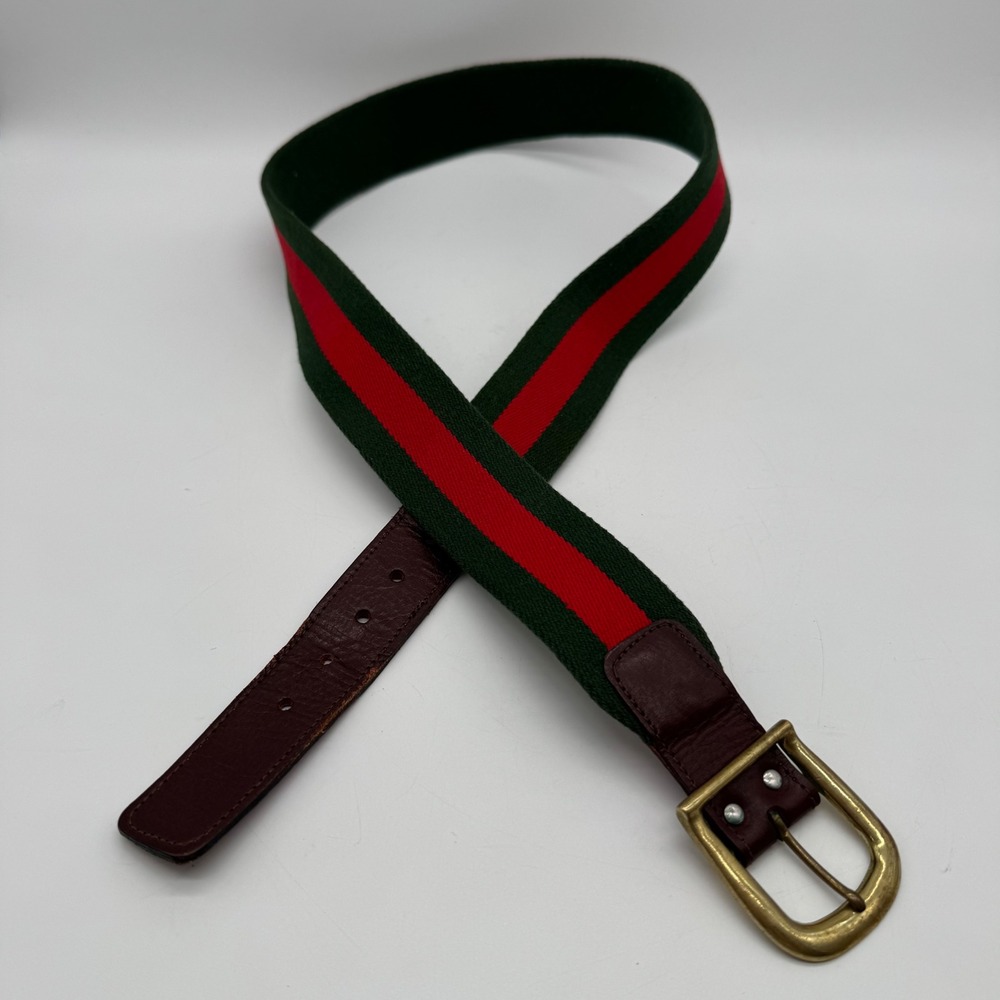 Vintage Dooney Bourke Green Red Striped Wool Surcingle Belt Sz 38 Brass Leather